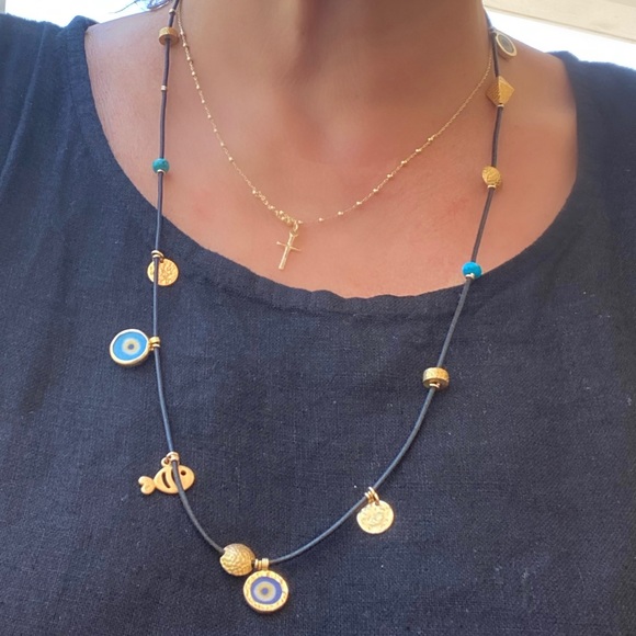 14 k gold andleather evil eye charm necklace